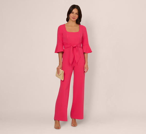 adrianna papell Knit Crepe Wide Leg Jumpsuit With Bell Sleeves In Camellia adrianna papell Knit Crepe Wide Leg Jumpsuit With Bell Sleeves In Camellia