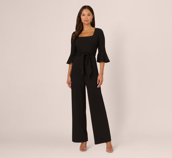 Adrianna Papell Knit Crepe Wide Leg Jumpsuit With Bell Sleeves In Black