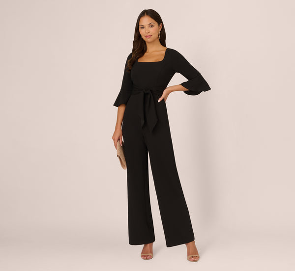 adrianna papell Knit Crepe Wide Leg Jumpsuit With Bell Sleeves In Black adrianna papell Knit Crepe Wide Leg Jumpsuit With Bell Sleeves In Black
