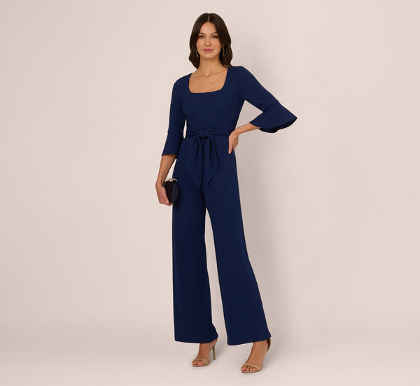 adrianna papell Knit Crepe Wide Leg Jumpsuit With Bell Sleeves In Navy Sateen