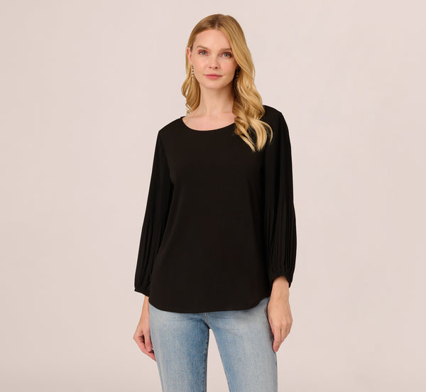 adrianna papell Knit Top With Pleated Sleeves In Black