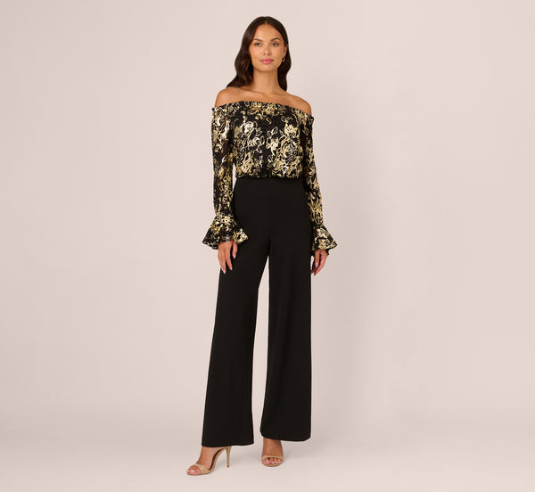 Adrianna Papell Lace And Crepe Jumpsuit In Black Gold