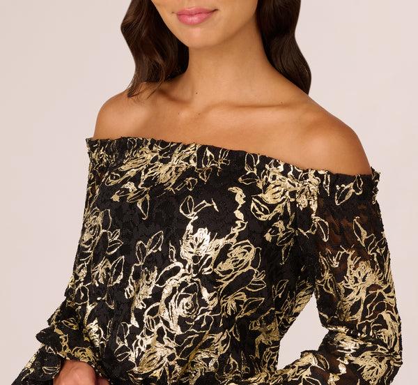 Adrianna Papell Lace And Crepe Jumpsuit In Black Gold