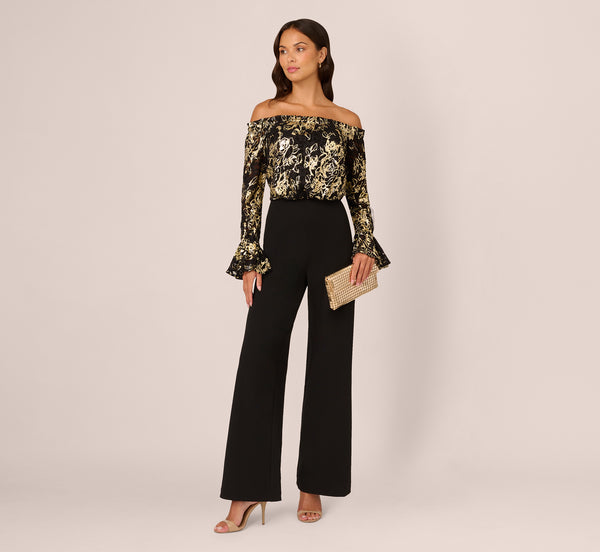 adrianna papell Lace And Crepe Jumpsuit In Black Gold