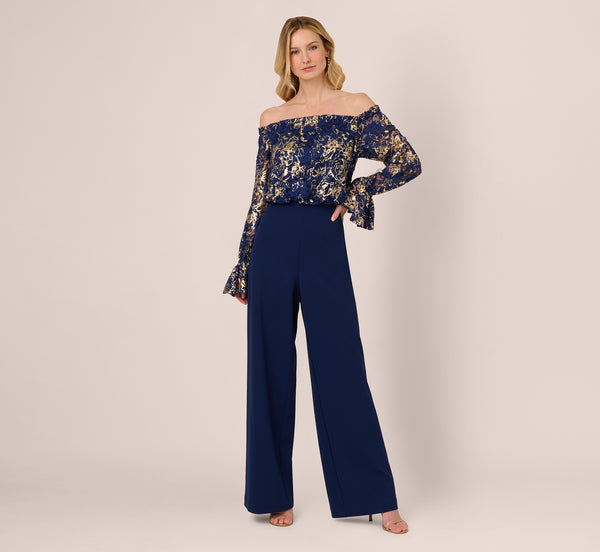 Adrianna Papell Lace And Crepe Jumpsuit In Navy Gold