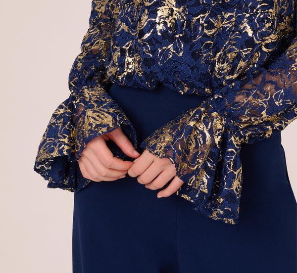 Adrianna Papell Lace And Crepe Jumpsuit In Navy Gold