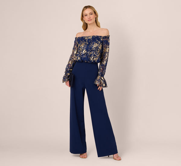 adrianna papell Lace And Crepe Jumpsuit In Navy Gold adrianna papell Lace And Crepe Jumpsuit In Navy Gold