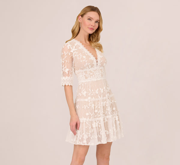 Adrianna Papell Lace Embroidered V Neck Dress With Elbow Sleeves In Ivory Nude