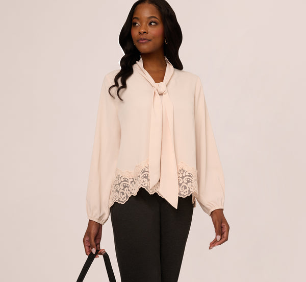 Adrianna Papell Lace Hem Tie Neck Blouse In Powder Blush