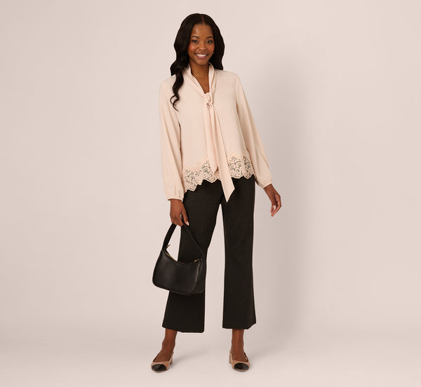 Adrianna Papell Lace Hem Tie Neck Blouse In Powder Blush