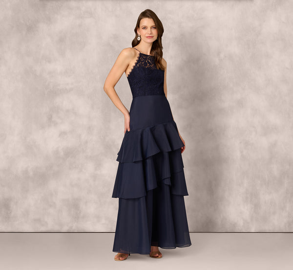 Adrianna Papell Lace Organza Halter Ballgown In Navy