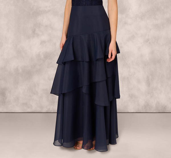Adrianna Papell Lace Organza Halter Ballgown In Navy