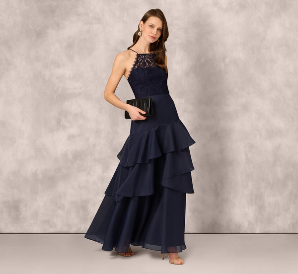 adrianna papell Lace Organza Halter Ballgown In Navy