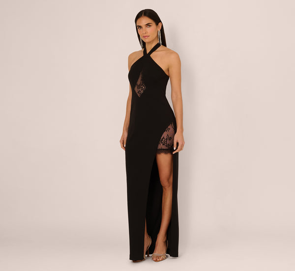 Adrianna Papell Lace Panel Cutout Halter Gown In Black