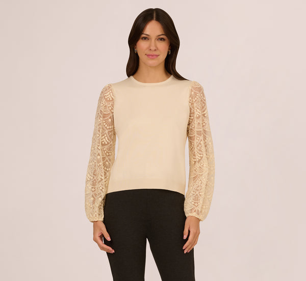 Adrianna Papell Lace Sleeve Crew Neck Sweater In Cream