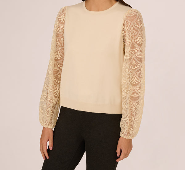 Adrianna Papell Lace Sleeve Crew Neck Sweater In Cream