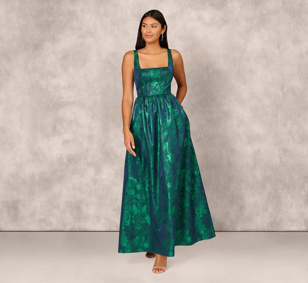 Adrianna Papell Lame Satin Jacquard Gown With Square Neckline In Dark Ivy
