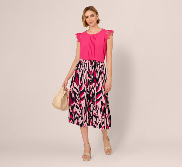 Adrianna Papell Leaf Print A Line Midi Skirt In Navy Leaf Vine