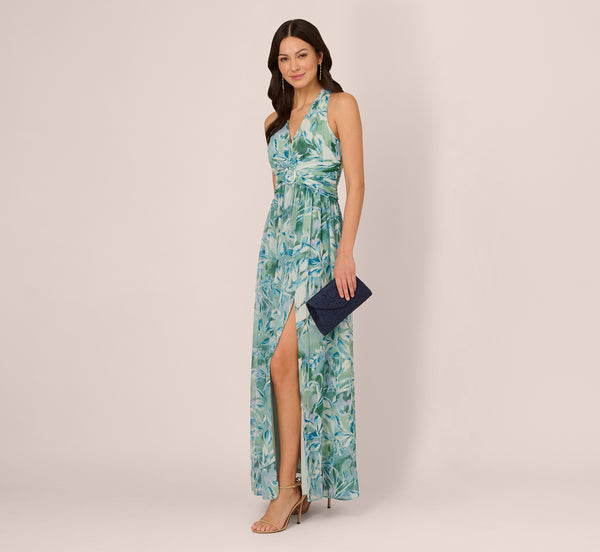 Adrianna Papell Leaf Print Chiffon Shirred Gown With Halter Neckline In Slate