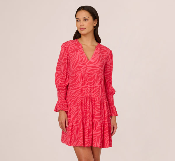 Adrianna Papell Leaf Print Tiered Shift Dress With Long Bell Sleeves In Pink Multi
