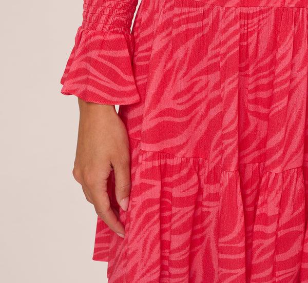 Adrianna Papell Leaf Print Tiered Shift Dress With Long Bell Sleeves In Pink Multi