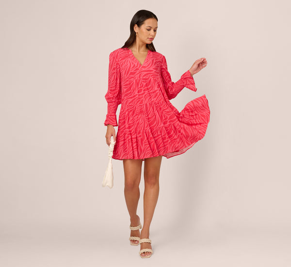 adrianna papell Leaf Print Tiered Shift Dress With Long Bell Sleeves In Pink Multi