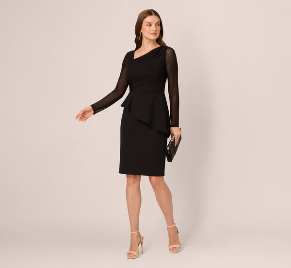 adrianna papell Long Sleeve Asymmetrical Peplum Sheath Dress In Black