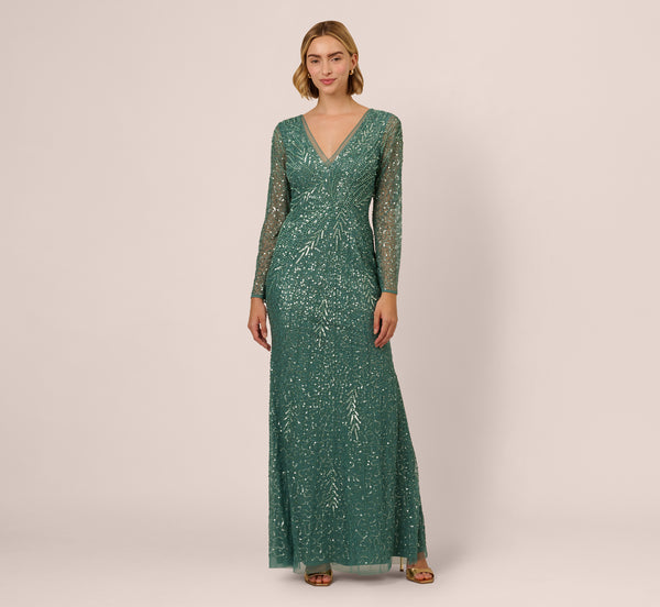 Adrianna Papell Long Sleeve Beaded Full Length Dress In Green Slate