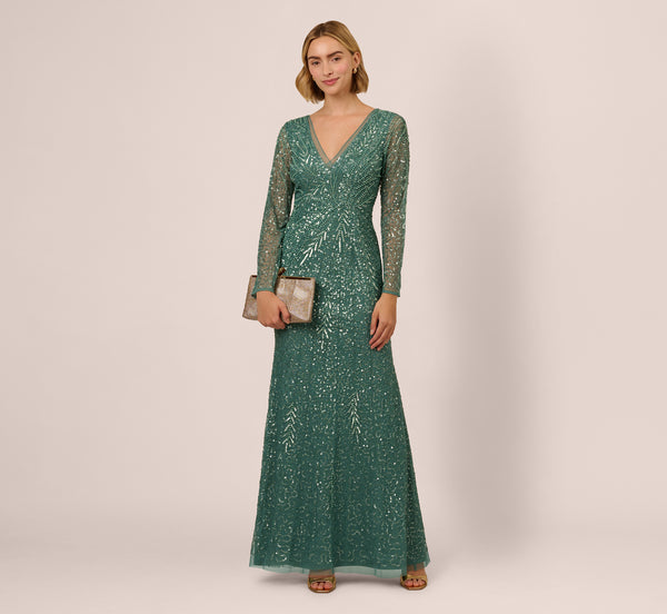 adrianna papell Long Sleeve Beaded Full Length Dress In Green Slate