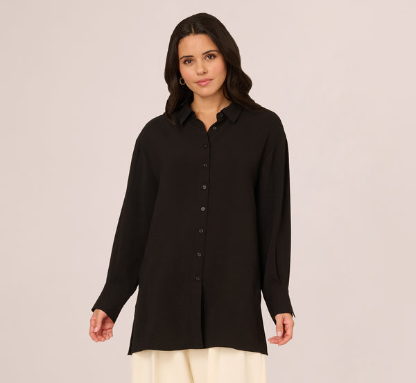 Adrianna Papell Long Sleeve Button Front Airflow Blouse In Black