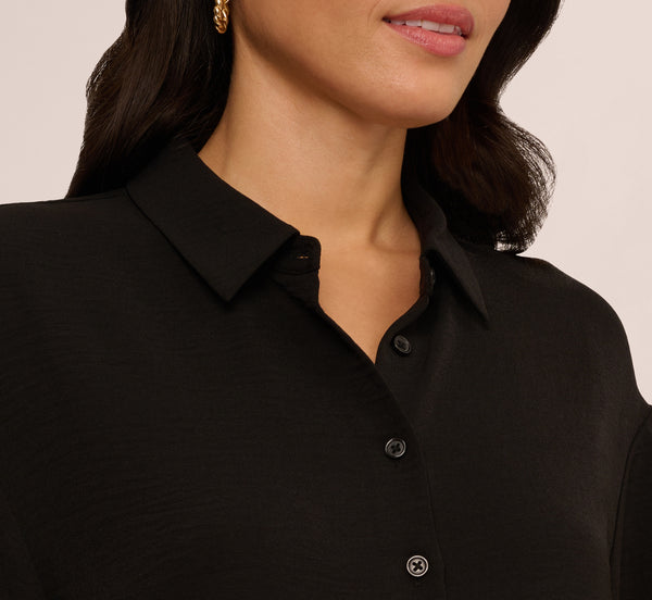 Adrianna Papell Long Sleeve Button Front Airflow Blouse In Black