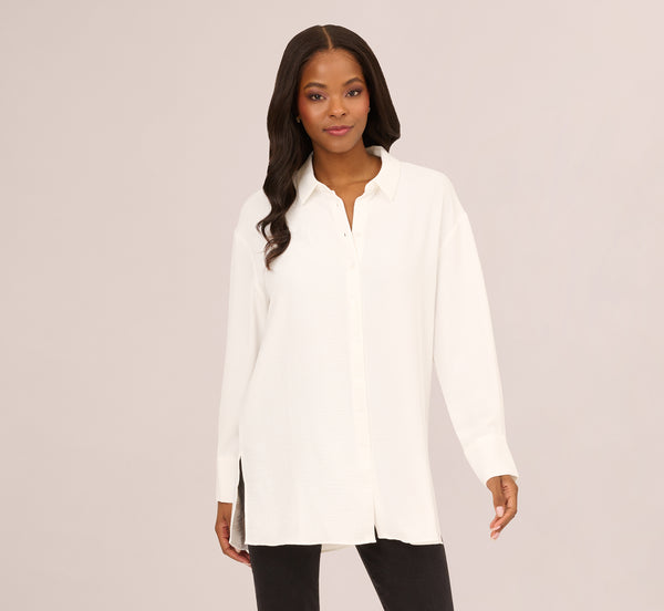 Adrianna Papell Long Sleeve Button Front Airflow Blouse In Ivory
