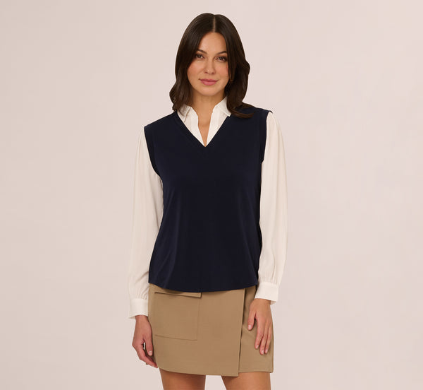 Adrianna Papell Long Sleeve Collared Sweater Vest Twofer Top In Navy Ivory