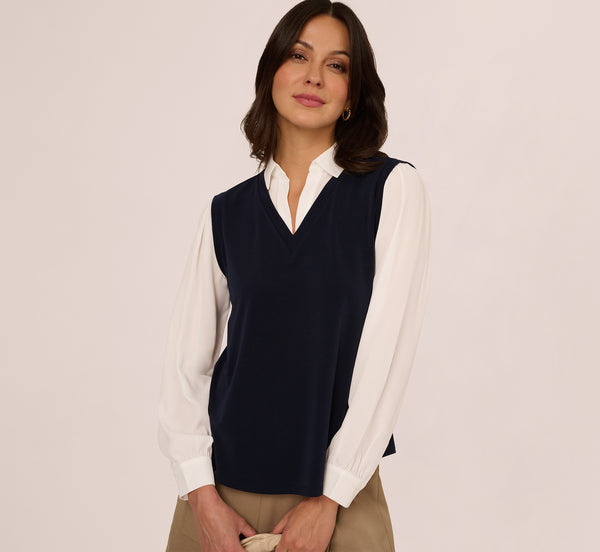 adrianna papell Long Sleeve Collared Sweater Vest Twofer Top In Navy Ivory