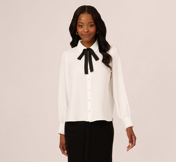 Adrianna Papell Long Sleeve Collared Tie Neck Blouse In Ivory Black