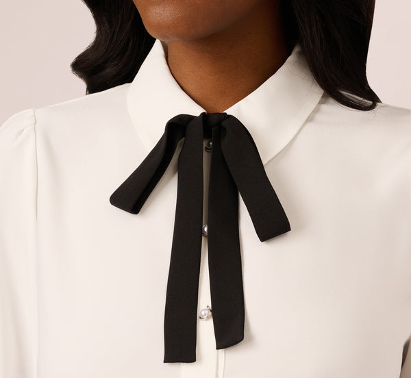 Adrianna Papell Long Sleeve Collared Tie Neck Blouse In Ivory Black