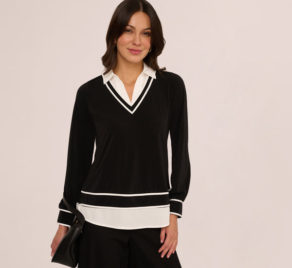 adrianna papell Long Sleeve Collared Twofer Tipped Sweater In Black Ivory W Ivory