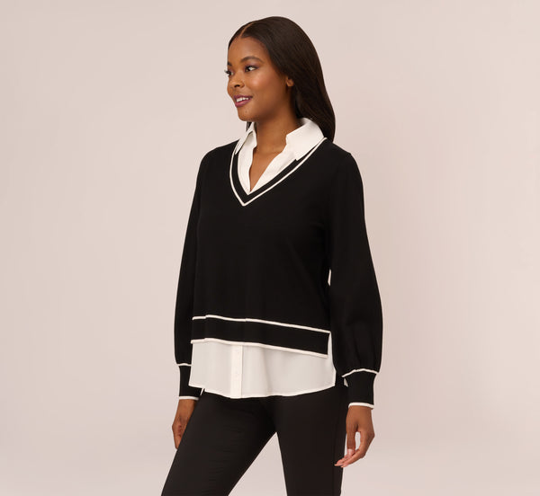 Adrianna Papell Long Sleeve Contrast Tipped Collared Twofer Sweater In Black Ivory W Ivory