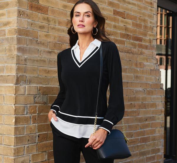 adrianna papell Long Sleeve Contrast Tipped Collared Twofer Sweater In Black Ivory W Ivory