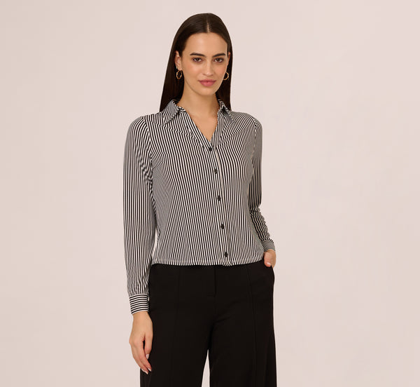 Adrianna Papell Long Sleeve Cropped Striped Blouse In Black Ivory Small Stripe