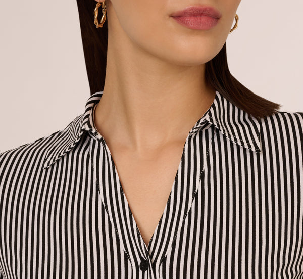 Adrianna Papell Long Sleeve Cropped Striped Blouse In Black Ivory Small Stripe