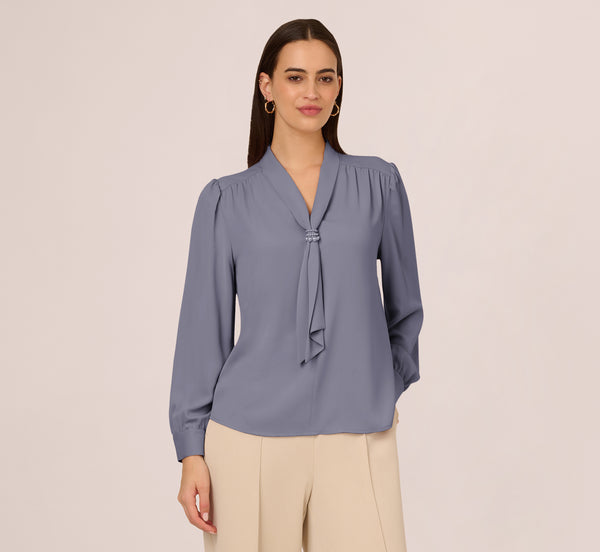 Adrianna Papell Long Sleeve Embellished Tie Collar Blouse In Dusty Blue