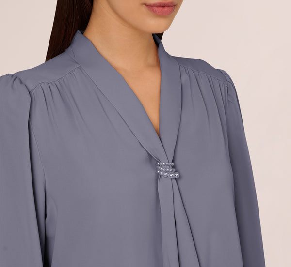 Adrianna Papell Long Sleeve Embellished Tie Collar Blouse In Dusty Blue