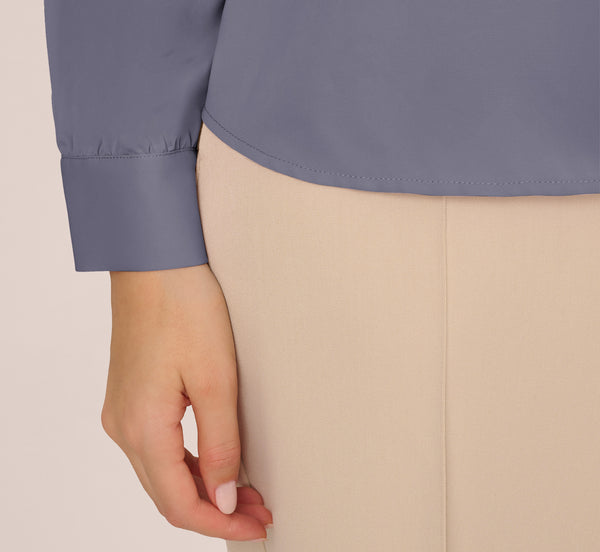 Adrianna Papell Long Sleeve Embellished Tie Collar Blouse In Dusty Blue