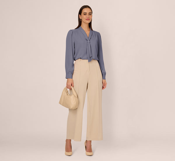adrianna papell Long Sleeve Embellished Tie Collar Blouse In Dusty Blue