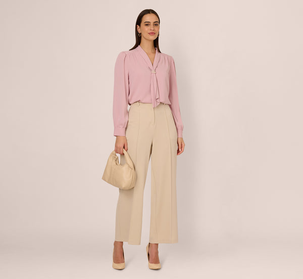 Adrianna Papell Long Sleeve Embellished Tie Collar Blouse In Lavender Beach