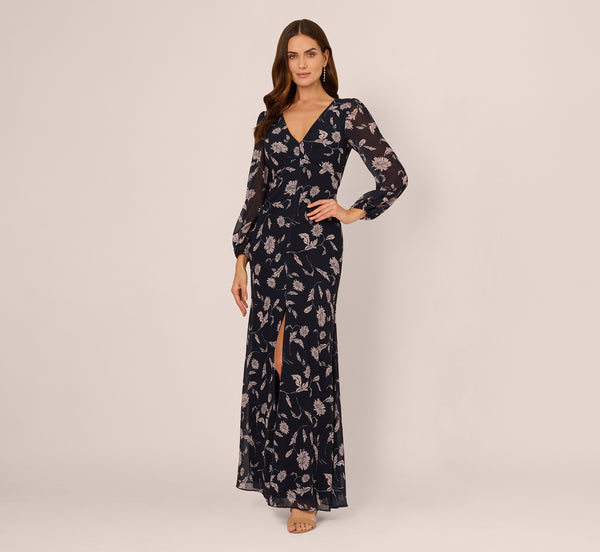 Adrianna Papell Long Sleeve Floral Chiffon Maxi Dress In Navy Blush
