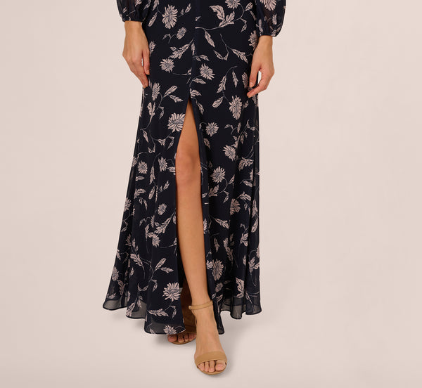 Adrianna Papell Long Sleeve Floral Chiffon Maxi Dress In Navy Blush