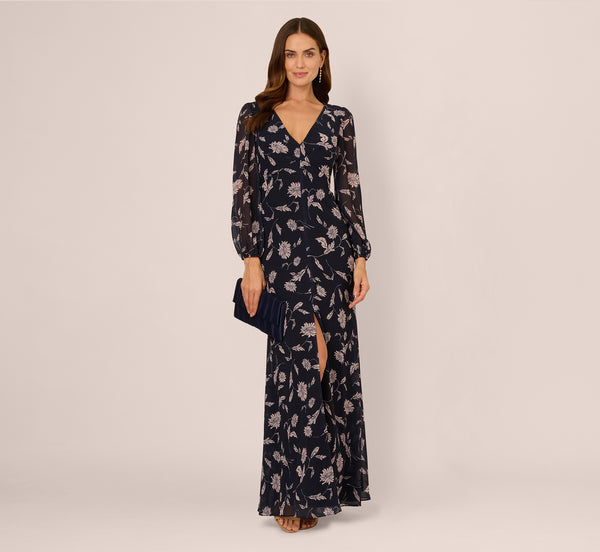 adrianna papell Long Sleeve Floral Chiffon Maxi Dress In Navy Blush