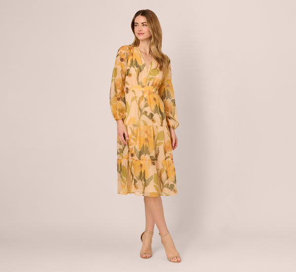 Adrianna Papell Long Sleeve Floral Organza Midi Dress In Ecru Yellow Multi